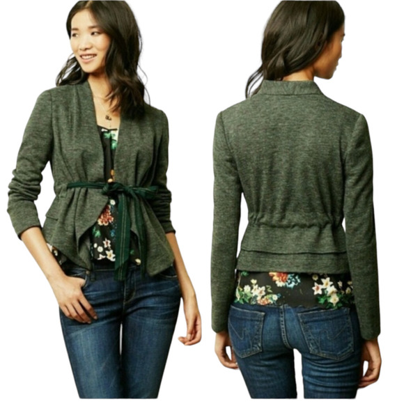 Anthropologie Jackets & Blazers - ANTHROPOLOGIE Cartonnier Green Large Long Sleeve Open Front Belt Sweater Jacket